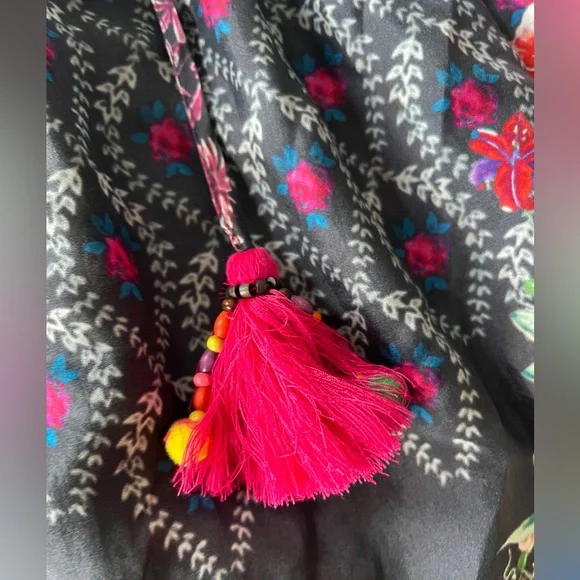 Johnny Was Martel Tassel-Tie Printed Silk Top xs small kimono black colorful - Picture 7 of 10